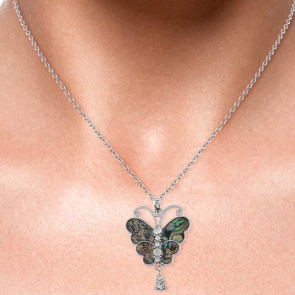 Abalone Shell and Austrian Crystal Butterfly Pendant Necklace 18 Inches - Picture 2 of 5